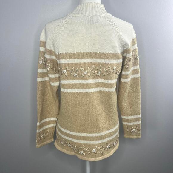 Vintage 90s Lizsport Tan Floral Embroidered Sweater Size Medium - Picture 3 of 4